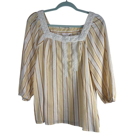 Lauren Conrad Tops - LC Lauren Conrad Striped Square Neck Lace Blouse Boho Yellow Cream Coquette L